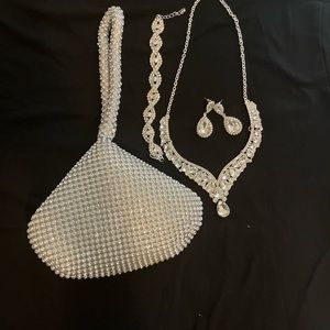 Women's Silver Wedding Necklace Link Bracelet Earrings Rhinestone Handbag Set